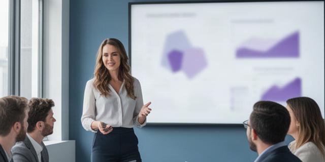 Fundadora de startup tecnológica presentando métricas de negocio ante su equipo
